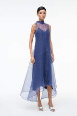Navy sleeveless high-neck dress with V-neck bodice and layered hem
