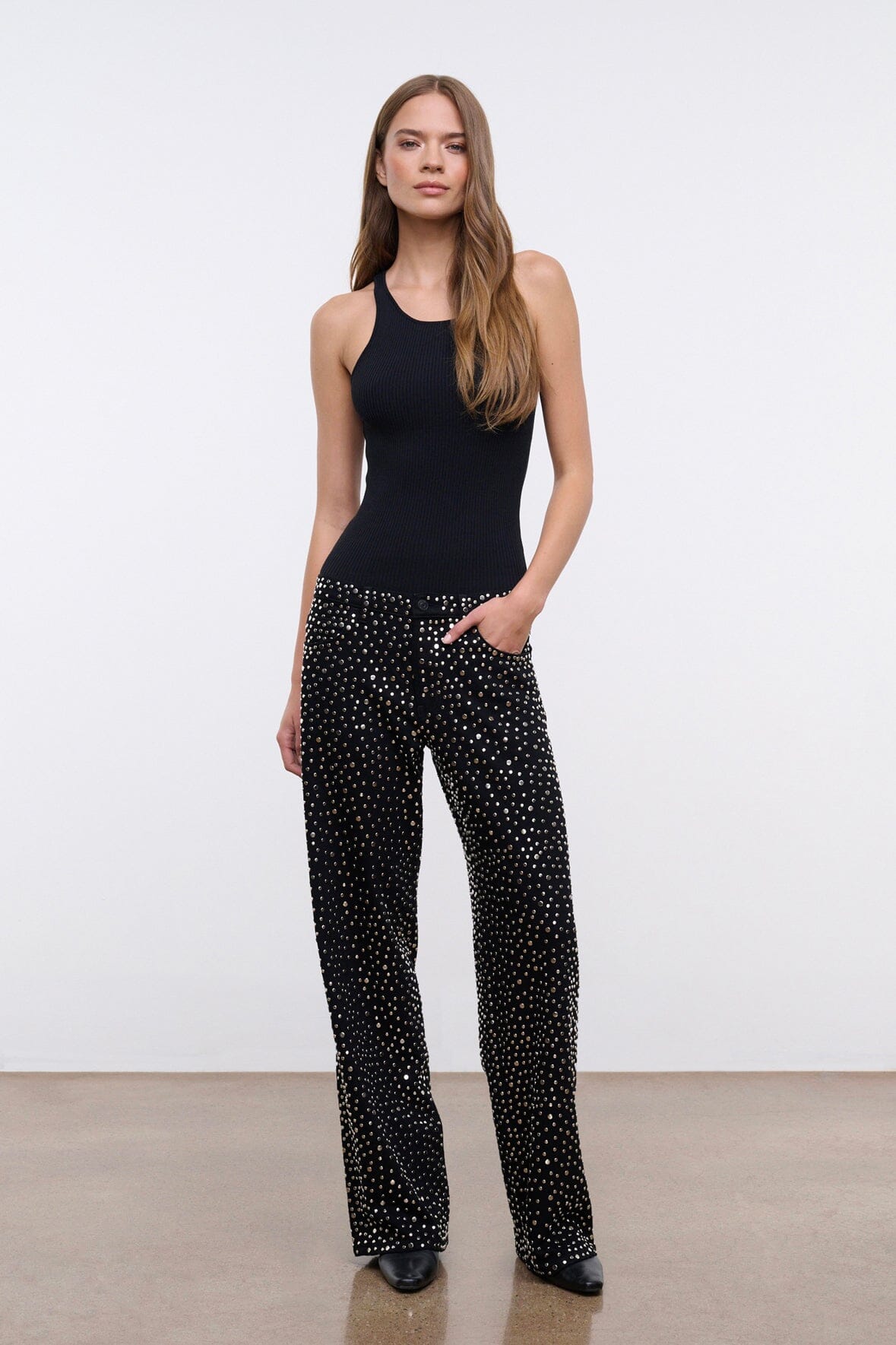 GUS studded relaxed jeans, black high-waist wide-leg with sparkle studs detail