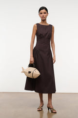 Brown sleeveless midi dress with gathered waist and flared skirt, front view.
