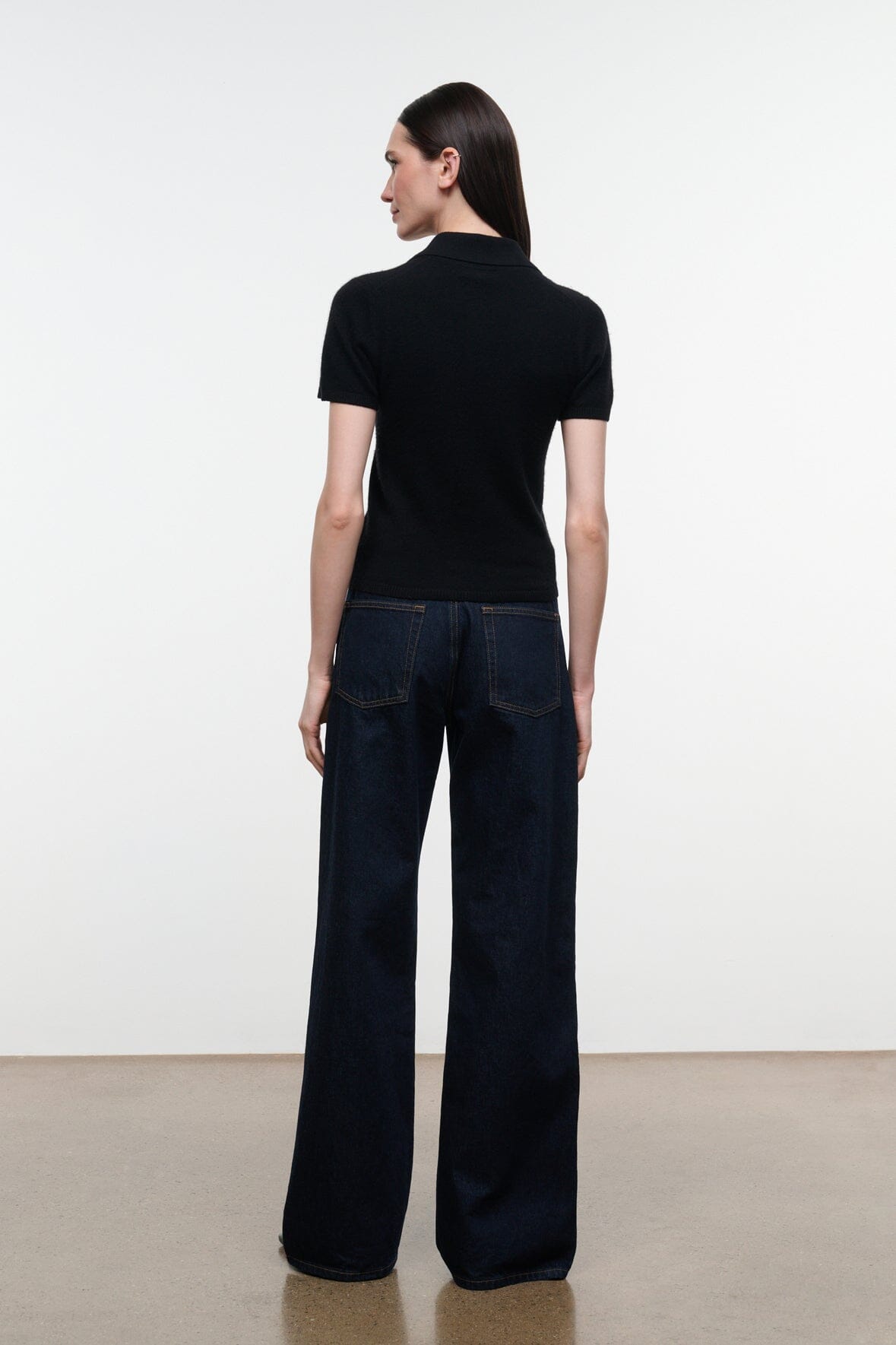 GUS relaxed jeans in dark indigo, wide straight legs, back patch pockets