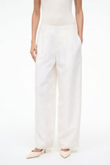 Pierre ivory wide-leg trousers close-up of waistband and front seam