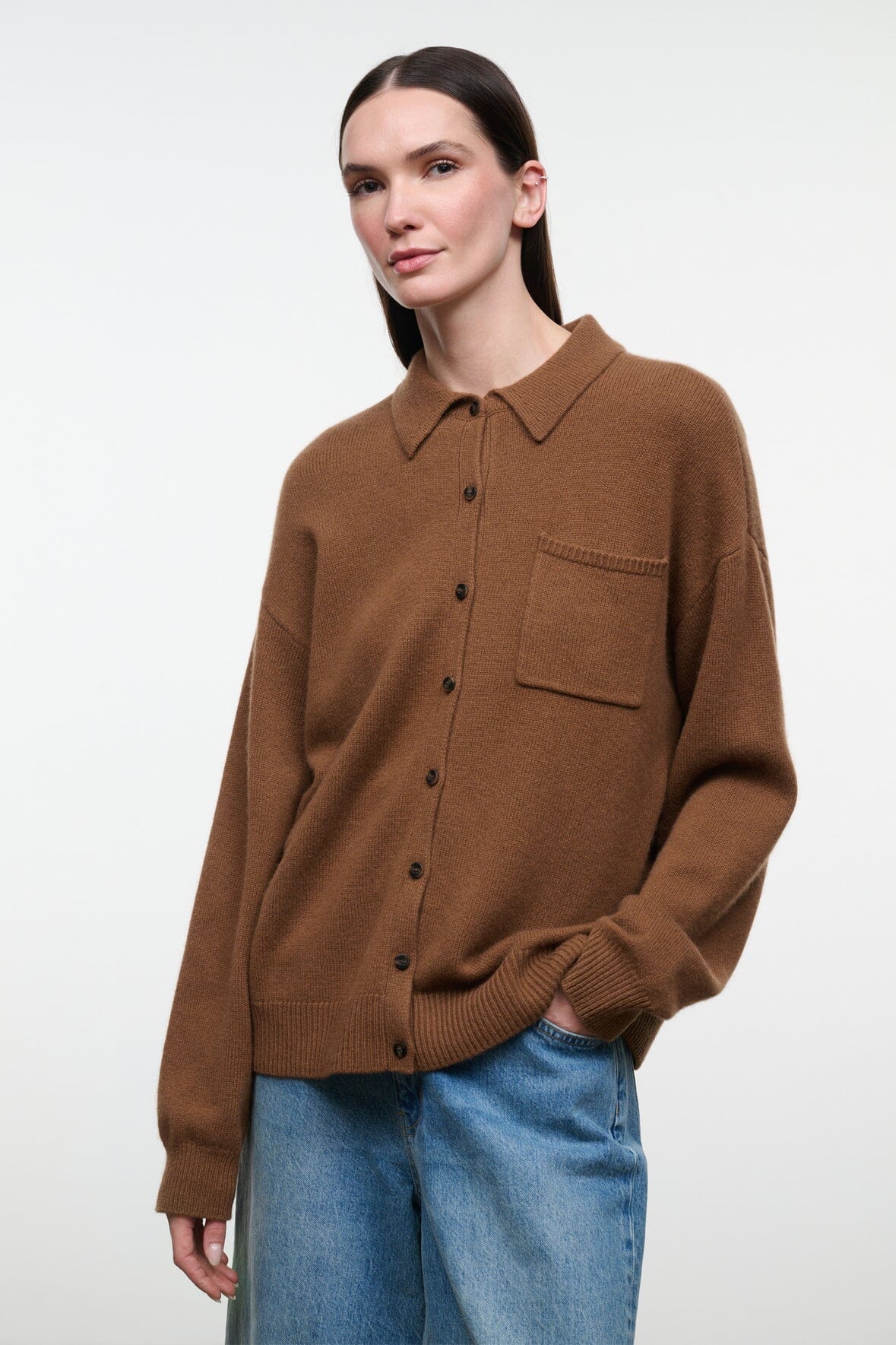 Cigar brown cashmere cardigan with button front, pointed collar, and chest patch pocket