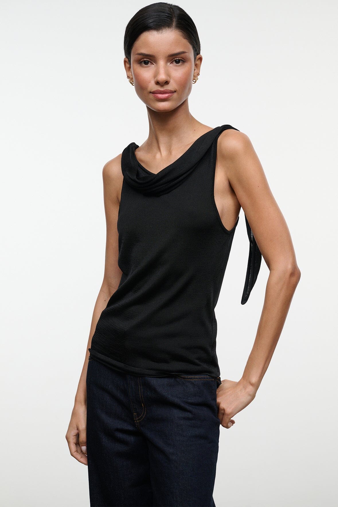 Black sleeveless cowl-neck top with tied shoulder strap
