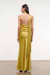 Citron yellow satin halter maxi dress from back view with open-back strap