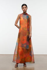 ALBEE dress orange and blue floral sheer maxi with sleeveless high neck and overlay