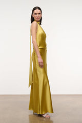 Citron yellow satin halter maxi dress with high neck tie and side drape