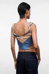 Sleeveless silk top with open back V drape, tan and blue stripe