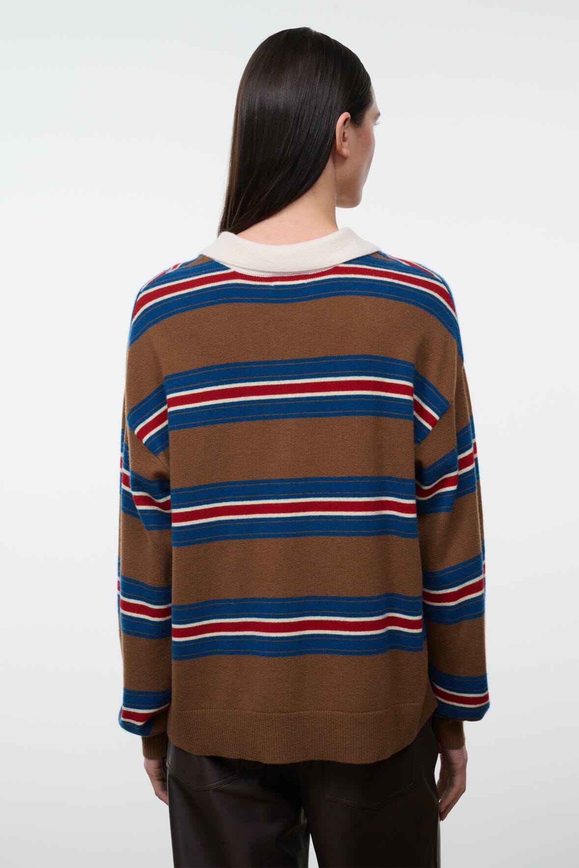 Cashmere sweater with brown base, multicolor striped sleeves, and ribbed white collar