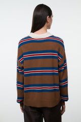 Cashmere sweater with brown base, multicolor striped sleeves, and ribbed white collar