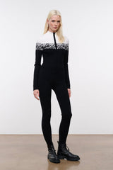 Black snowboard onesie with white fair isle yoke and zip-front, long sleeves