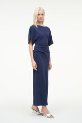 Navy midi dress with short batwing sleeves and gathered waist