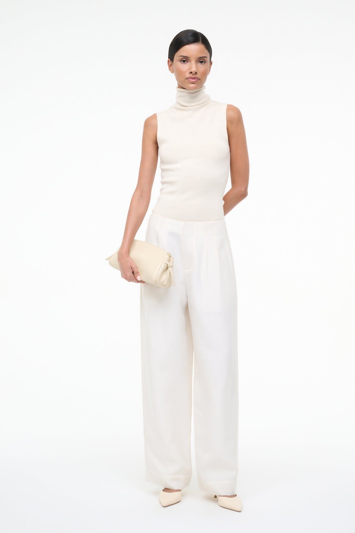 Pierre ivory wide-leg trousers with high waist and soft pleat detail