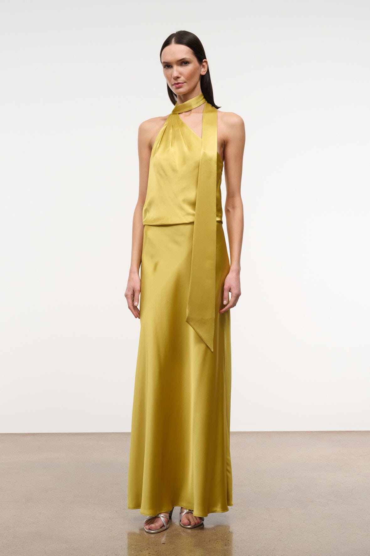 Citron yellow satin halter maxi dress with layered front panel and side slit