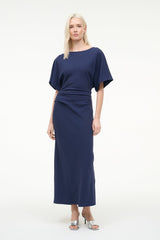 Navy midi dress with short batwing sleeves and side ruched waist