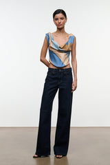 Silk top with twisted drape front and wide straps, tan and blue stripe