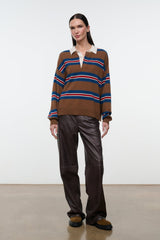 Cashmere sweater with brown and multicolor horizontal stripes, long sleeves and collared neckline