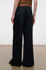 Black wide-leg pants with back darts and relaxed straight legs