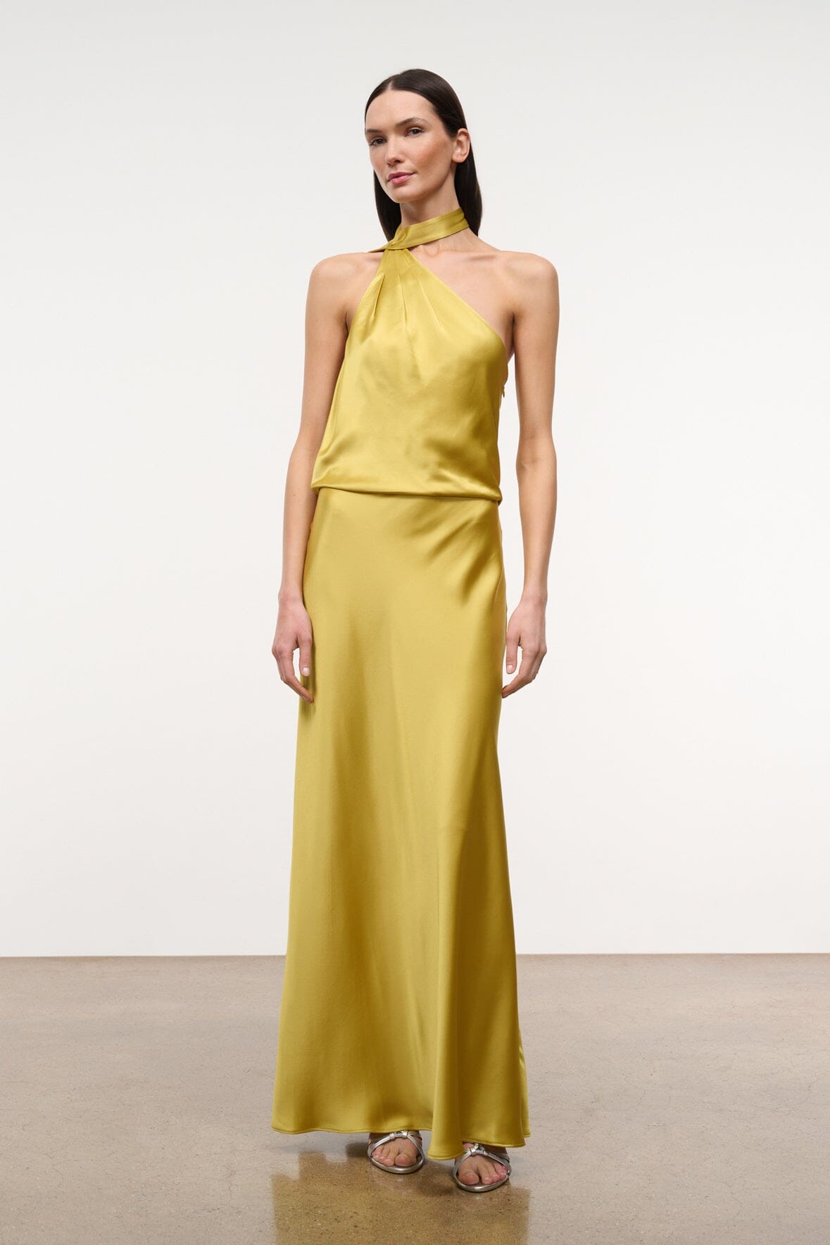 Citron yellow satin halter maxi dress with draped neckline and straight skirt