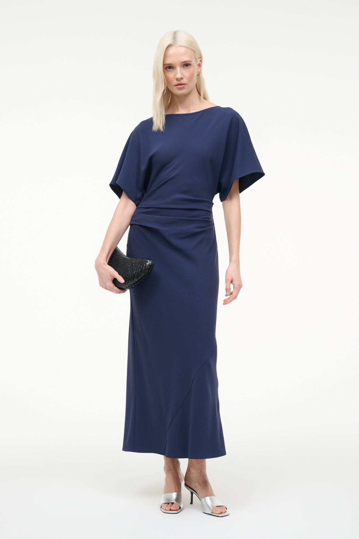 Navy midi dress with short batwing sleeves and ruched waist detail