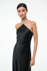 Black halter maxi dress with halter neckline and silver chain strap detail
