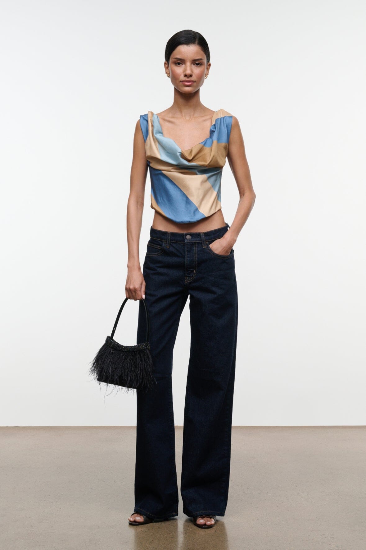 Sleeveless silk top with V draped front, tan and blue stripe