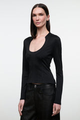 Black fitted long-sleeve scoop-neck top with curved waist seam
