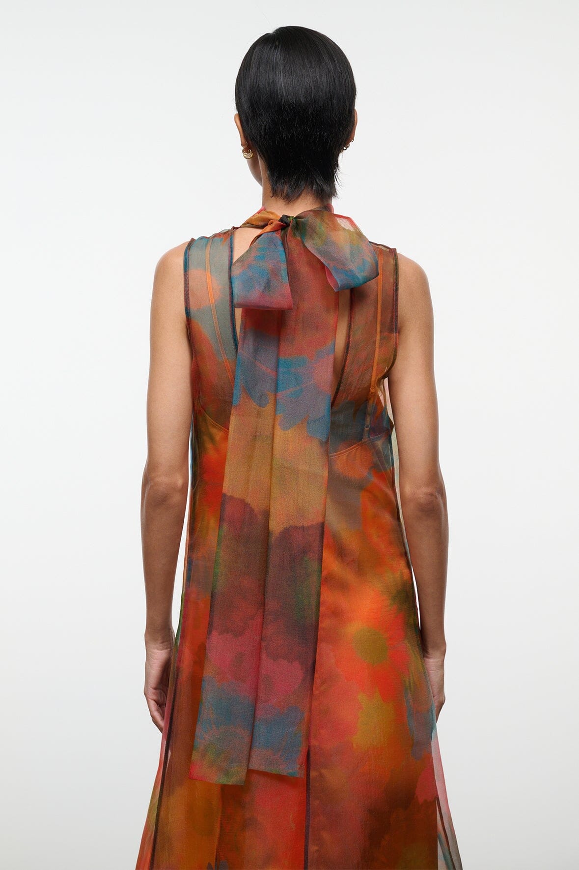 ALBEE dress orange and blue floral sheer maxi, open back neckline and shoulder straps