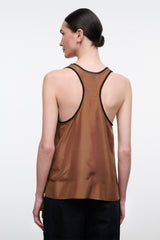 Brown silk tank top back view with contrast black racerback trim