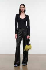Black long-sleeve scoop-neck top with smooth front and fitted silhouette