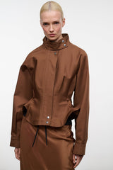 Cigar brown jacket front view with high collar, snap buttons, and drawstring hem pockets