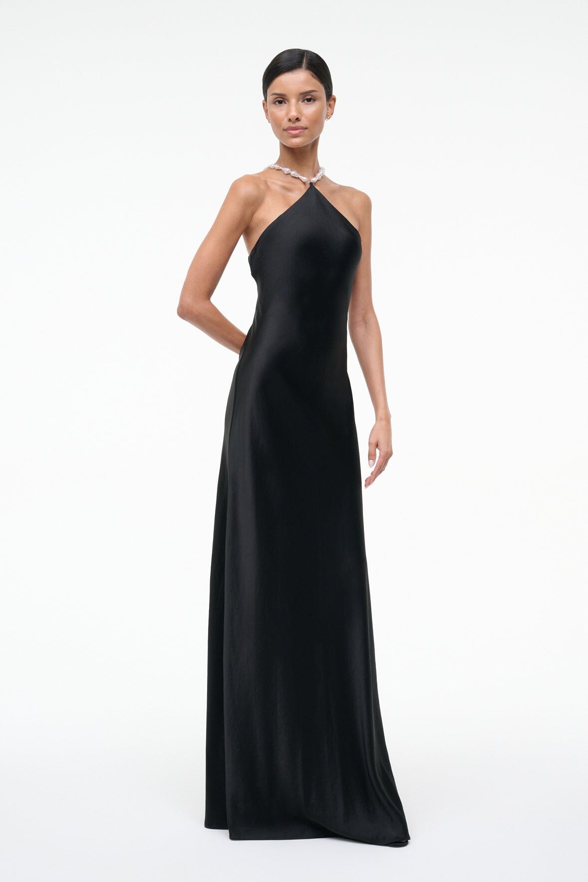 Black halter maxi dress with slim silhouette and chain halter straps