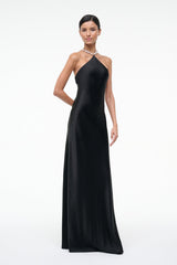 Black halter maxi dress with slim silhouette and chain halter straps