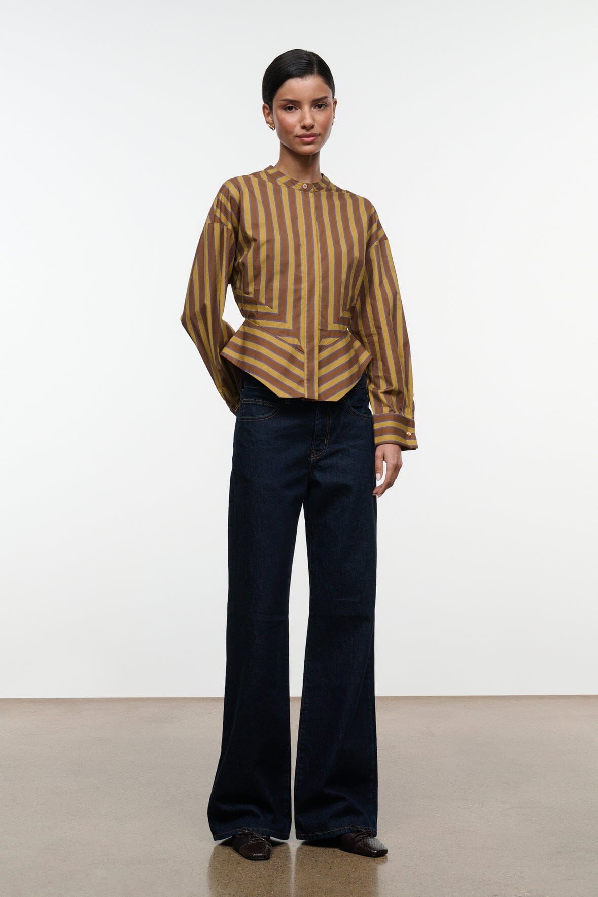 Striped top, back view, long-sleeve vertical stripe blouse with yoke panel
