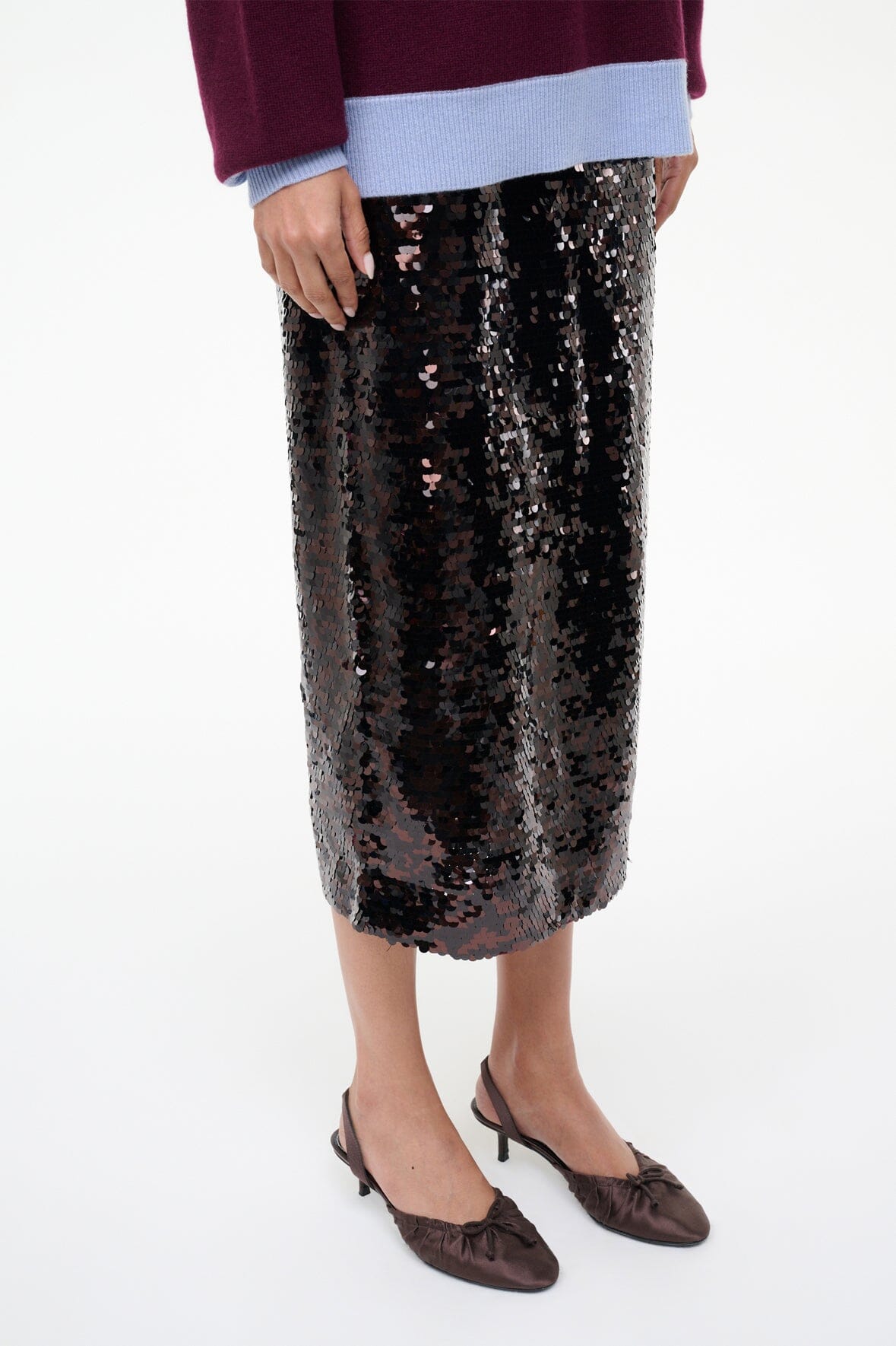 Espresso satin slingback ballet heels worn with a black sequin midi skirt