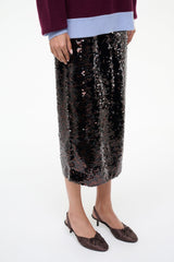 Espresso satin slingback ballet heels worn with a black sequin midi skirt