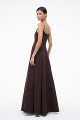 JOY maxi dress dark brown, thin straps and square neckline, side view pleated skirt