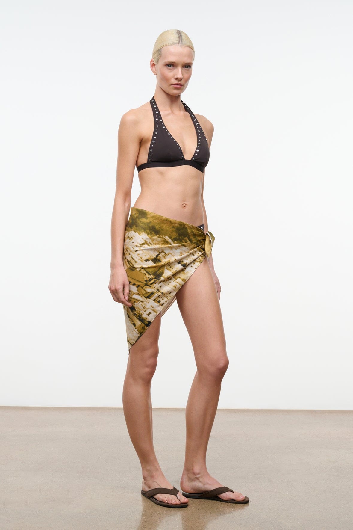 Silk scarf, olive-and-gold abstract print, tied as waist wrap with long drape