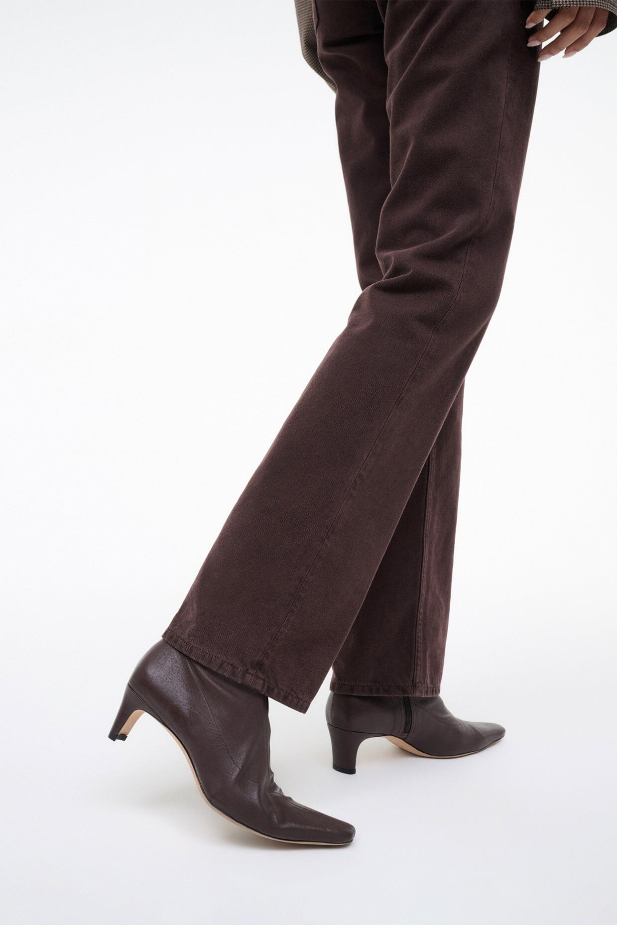 Espresso dark brown ankle boot with slim heel and stretchy sock-style fit