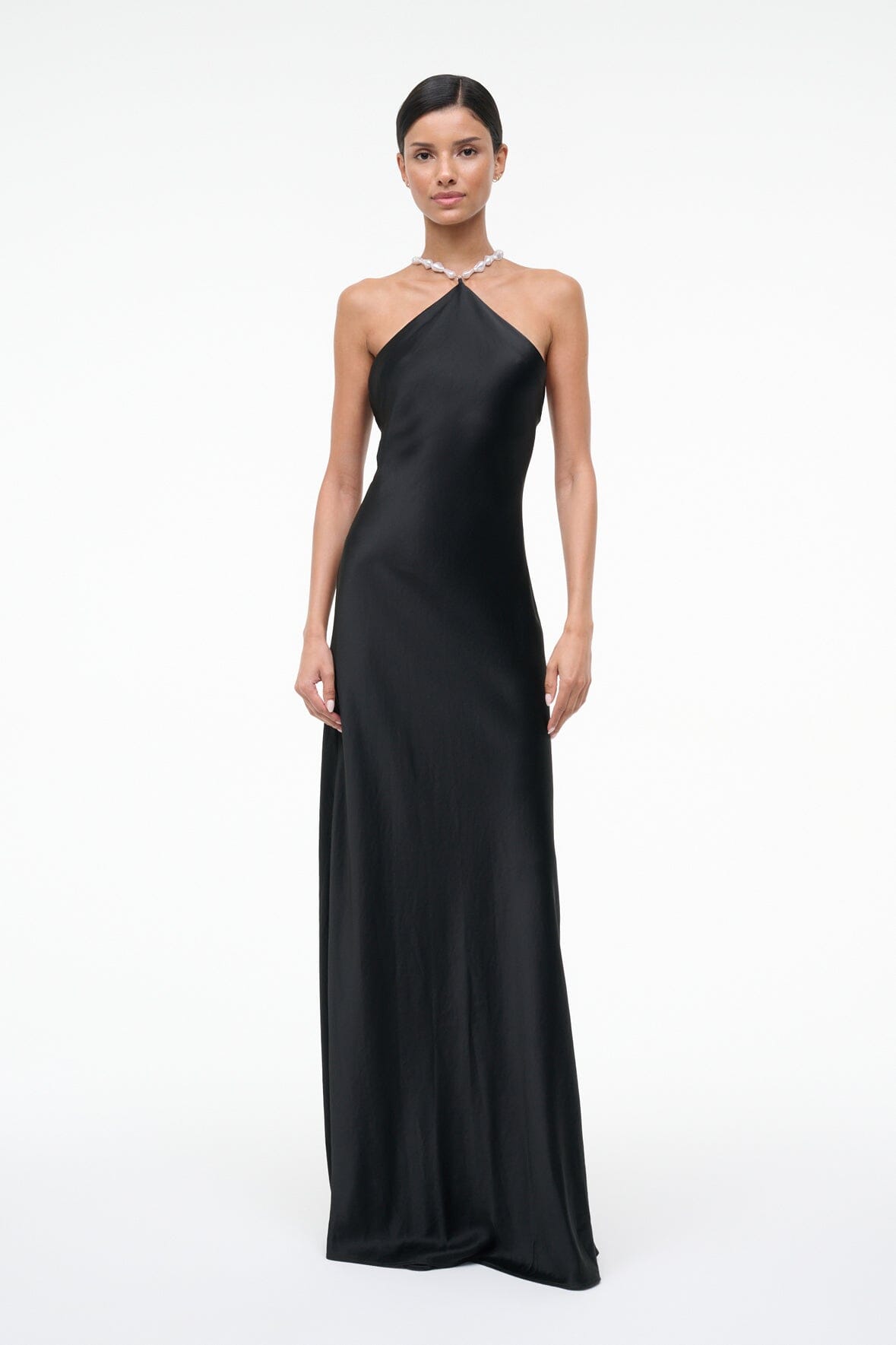 Black halter sleeveless maxi dress with V halter neckline and chain straps