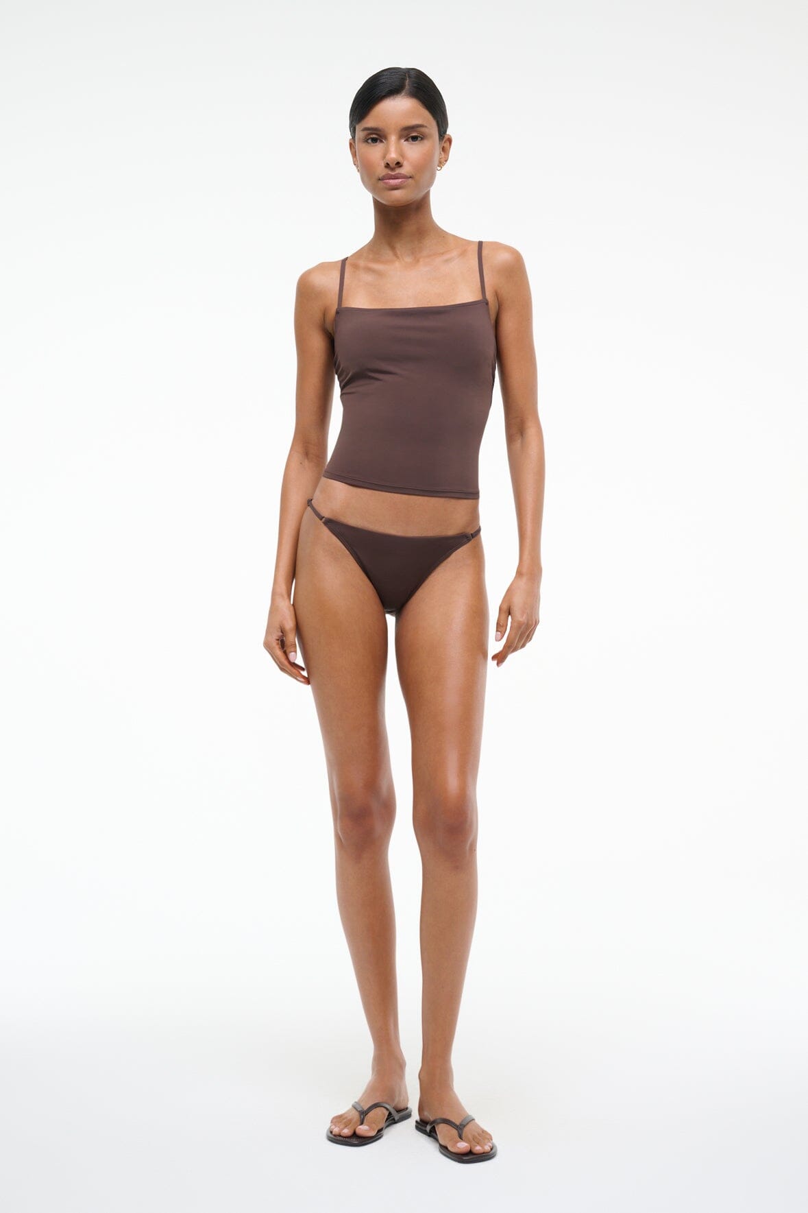 Dark brown tankini top with straight neckline and spaghetti straps