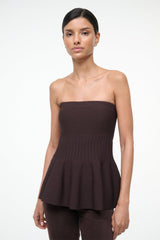 EVIE strapless top with smocked bust and layered peplum, dark brown