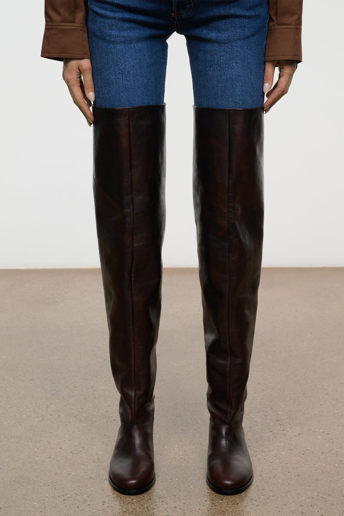 Over-the-knee boots, dark espresso distressed leather, tall shaft with pull-on look