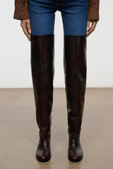 Over-the-knee boots, dark espresso distressed leather, tall shaft with pull-on look