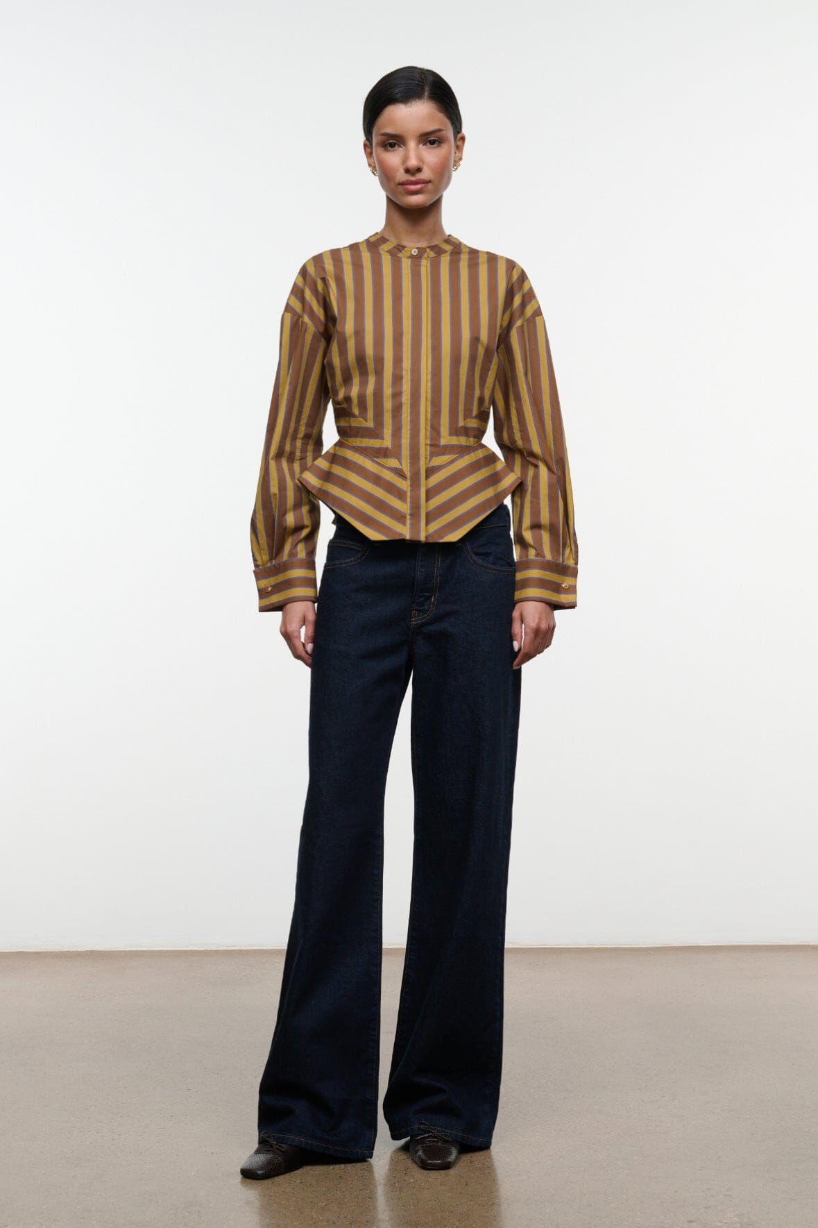 Striped top, front view, long-sleeve vertical stripe blouse with stand collar