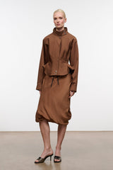 Cigar brown jacket full view with stand collar, snap front, and drawstring hem; patch pockets