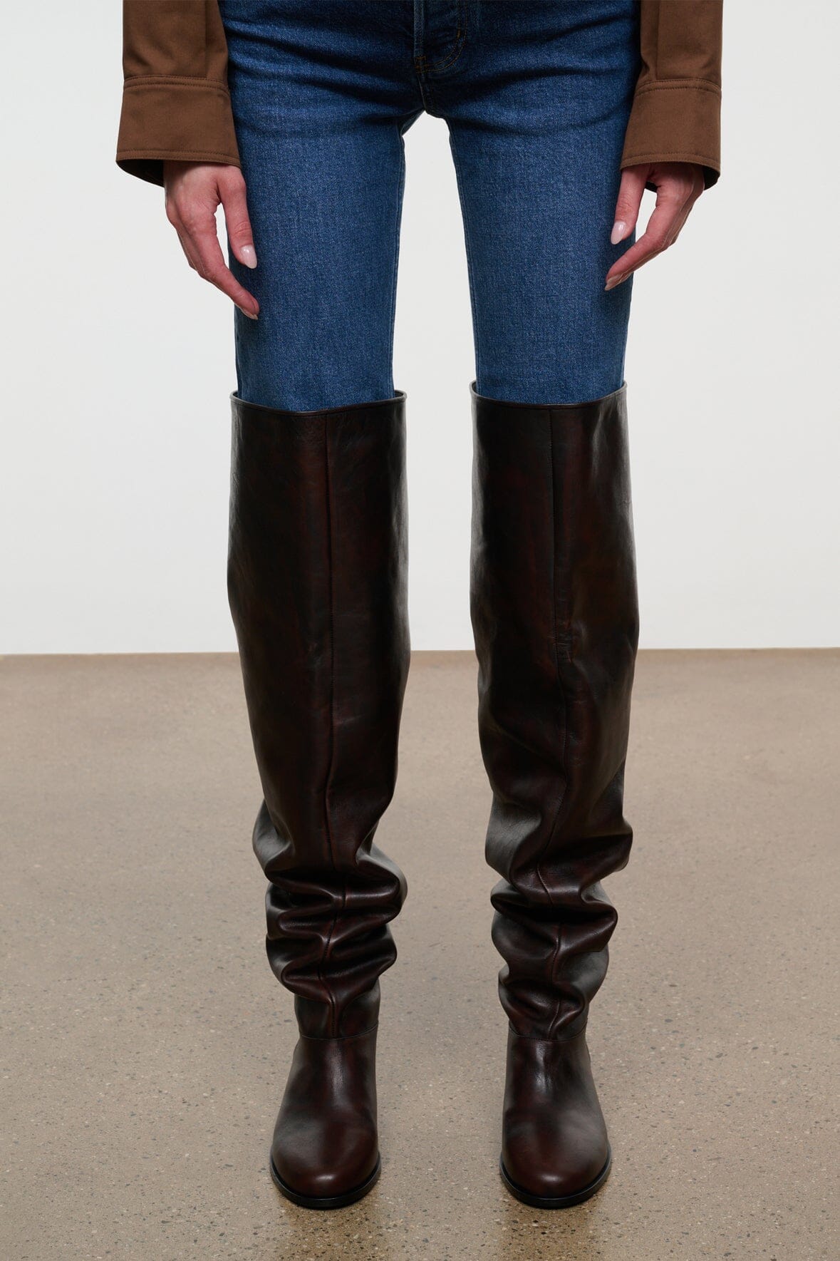 Over-the-knee boots, dark espresso distressed leather, straight-on pair, low block heel