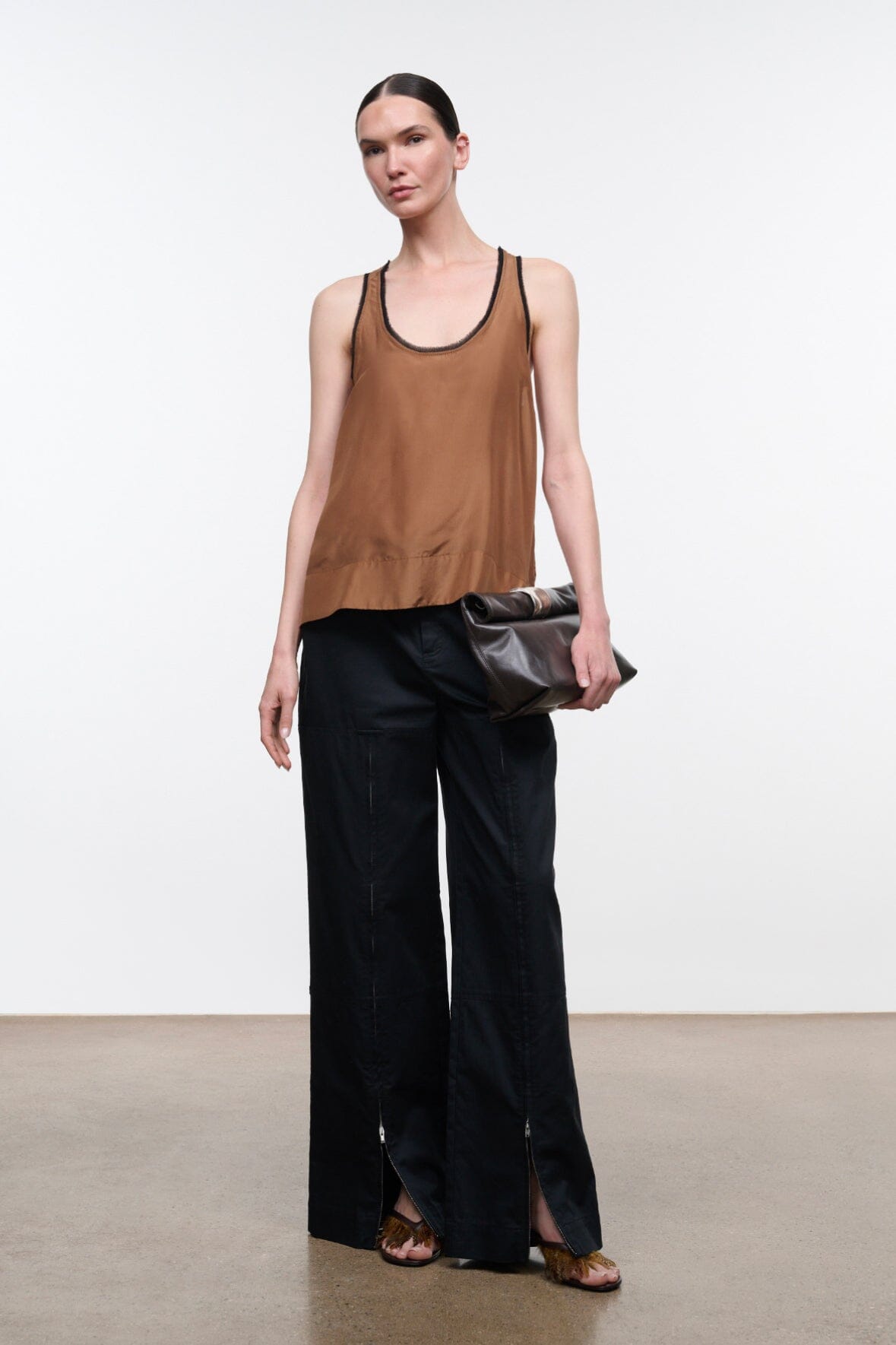 Brown silk tank top front view with contrast black trim