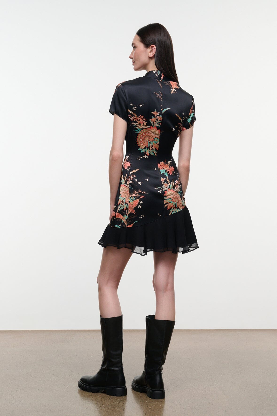 Black silk dress with short sleeves, scoop neck, tapestry bird print, ruffled hem