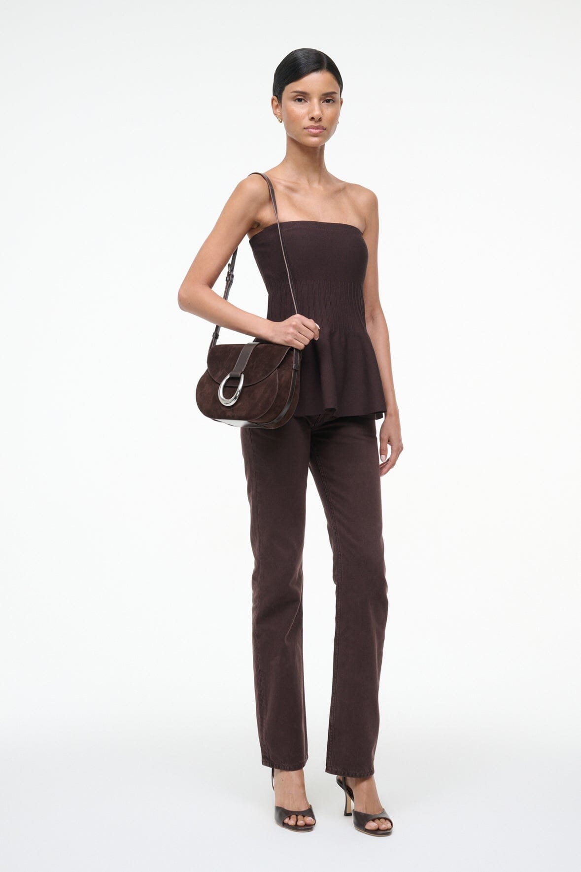 EVIE strapless peplum top, dark brown, sleeveless with smocked waist