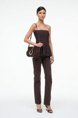 EVIE strapless peplum top, dark brown, sleeveless with smocked waist